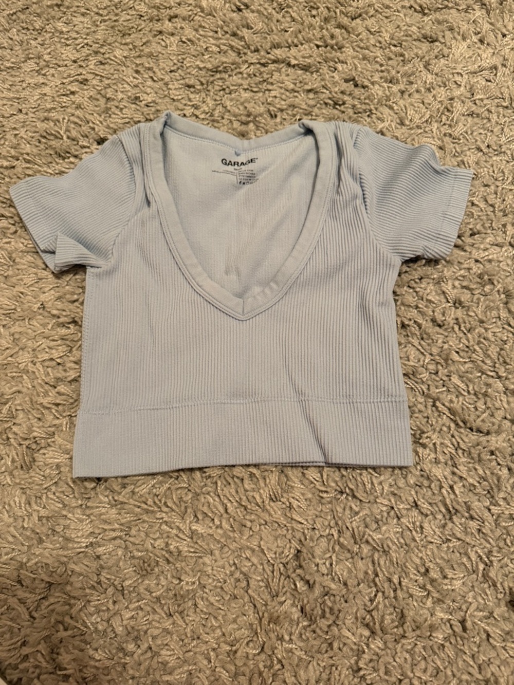 Garage Pale Blue Ribbed V-Neck Cropped Top